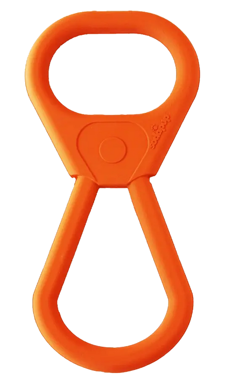 The Pop Top Rubber Tug Toy by SodaPup is a bright orange, figure-eight-shaped toy with rounded edges, made for interactive play and durable enough to handle even the toughest tugging games.