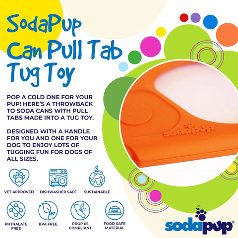 Colorful ad for SodaPups Pop Top Rubber Tug Toy shows a close-up of the orange, vet-approved toy. Text highlights its interactive play, sustainable and durable rubber, dishwasher safe, BPA & phthalate-free—ideal for dogs of all sizes.