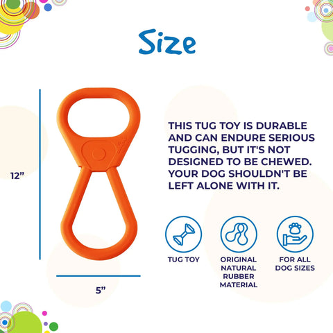 The SodaPup Pop Top Rubber Tug Toy for Interactive Play, made from durable rubber and measuring 12 tall by 5 wide, is veterinarian approved for tugging with all dogs (not for unsupervised chewing).