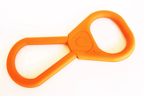 The SodaPup Pop Top Rubber Tug Toy is an orange, durable rubber toy with two large loops and a central pivot, designed for interactive play.
