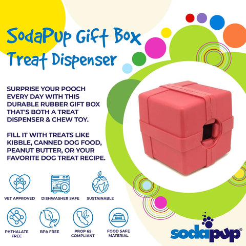 The SodaPup Gift Box EDispenser is a pink, durable rubber chew toy and treat dispenser for dogs. It’s vet approved, dishwasher safe, sustainable, phthalate & BPA free, prop 65 compliant, and made from food-safe material.
