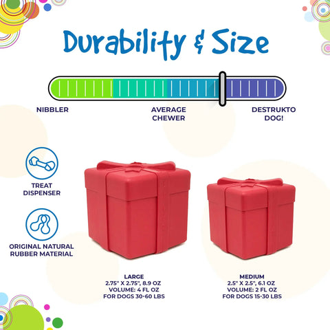 The SodaPup Gift Box EDispenser Durable Rubber Chew Toy & Treat Dispenser is shown in red cube shapes (large and medium), featuring a durability scale from Nibbler to Destrukto Dog!, treat dispenser icon, natural rubber icon, plus size/weight details below.