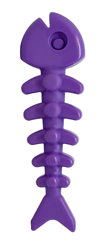 The SodaPup Fish Bone Ultra Durable Nylon Chew Toy is a purple, fish skeleton-shaped toy with a rounded head and ribbed segments, designed for power chewers to help reduce problem behaviors.
