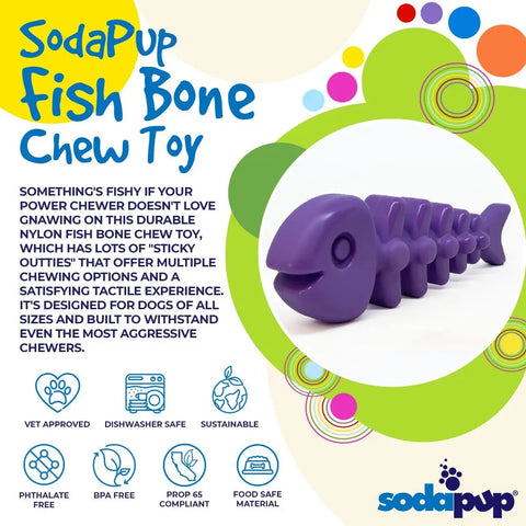 The SodaPup Fish Bone Ultra Durable Nylon Chew Toy is shown on a white background with colorful circles, featuring text and icons for vet approval, safety, reduced problem behaviors, all-dog-size suitability, and power chewer durability.