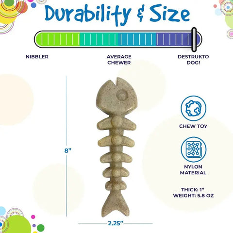 The SodaPup Fish Bone Ultra Durable Nylon Chew Toy, beige and sized 8x2.25x1, weighs 5.8 oz and is rated for average chewers, helping curb problem behaviors while providing a durable option for playful pups.