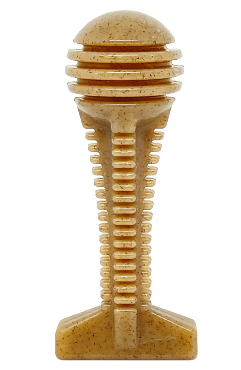 The SodaPup Honey Bone Dental Tower EChew Ultra Durable Nylon Dog Chew Toy features a tan, intricately carved tower with a rounded top and ribbed column. Perfect for power chewers, its textured design helps support fresh breath during play.