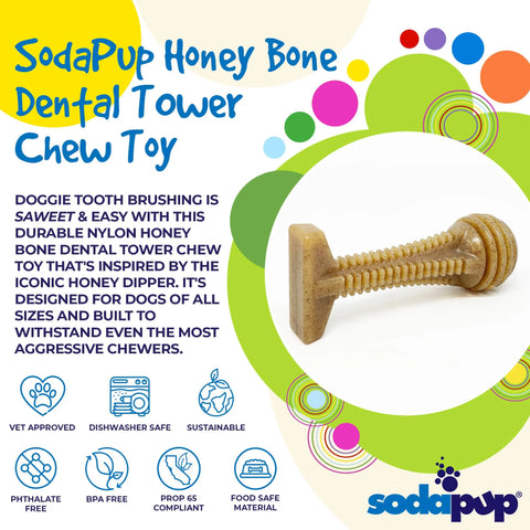 Colorful ad for SodaPup’s Honey Bone Dental Tower EChew, an ultra-durable nylon chew toy in a screw shape, perfect for power chewers. Icons highlight its vet approval, dishwasher safety, sustainability, and dog-safe materials.