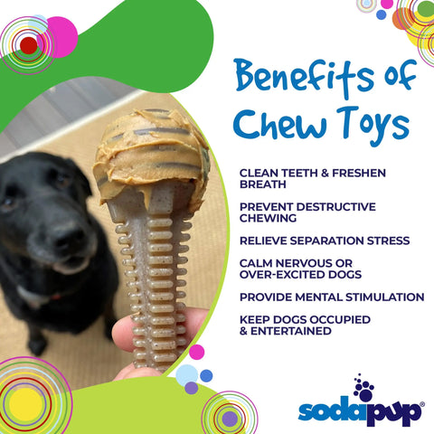 A hand holds a SodaPup Honey Bone Dental Tower EChew Ultra Durable Nylon Dog Chew Toy topped with brown paste in front of a black dog. Text highlights fresh breath, stress relief, and entertainment benefits for power chewers.
