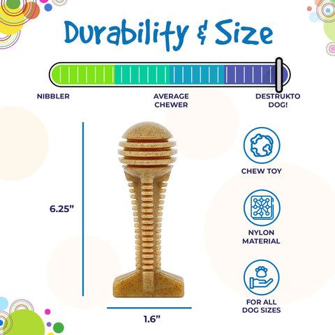 The SodaPup Honey Bone Dental Tower EChew Ultra Durable Nylon Dog Chew Toy measures 6.25 tall by 1.6 wide, rated for all dog sizes and Power Chewers on a durability scale from nibbler to destrukto dog!.