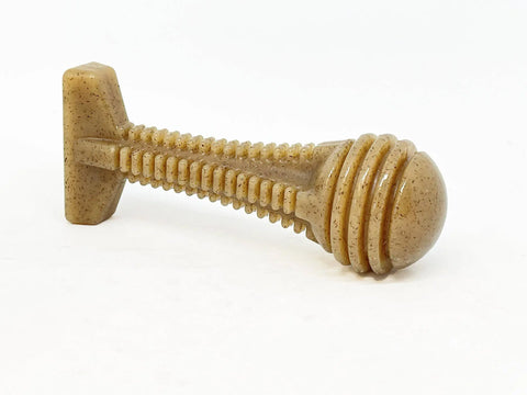 The SodaPup Honey Bone Dental Tower EChew Ultra Durable Nylon Dog Chew Toy, tan and speckled with a flat T-base, ridged shaft, and ringed end for power chewers, is shown on a white background.