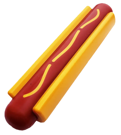 The SodaPup Hot Dog Ultra Durable Nylon Dog Chew Toy features a red sausage with yellow mustard squiggles in a yellow bun. Made from tough nylon, it helps reduce problem behaviors by keeping your pup engaged and entertained.