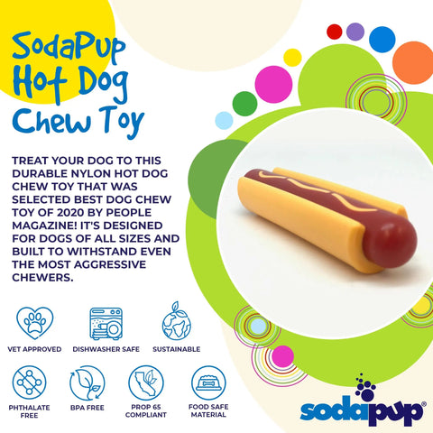 The SodaPup Hot Dog Ultra Durable Nylon Dog Chew Toy, shown on a white plate, features bold graphics highlighting its toughness, safety, and behavior-reducing benefits as an award-winning product.