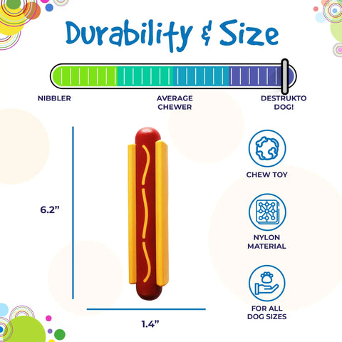 The SodaPup Hot Dog Ultra Durable Nylon Dog Chew Toy measures 6.2 x 1.4, suits all dog sizes, features a “Nibbler” to “Destrukto dog!” durability scale, and has icons showing it reduces problem behaviors.