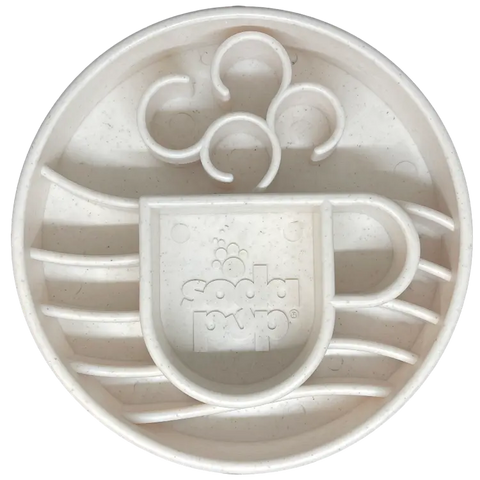 The SodaPup Java Design EBowl Enrichment Slow Feeder Bowl for Dogs is a round white silicone pet bowl with a raised coffee cup and steam pattern, featuring the SodaPup logo embossed in the center. Perfect for mealtime enrichment.