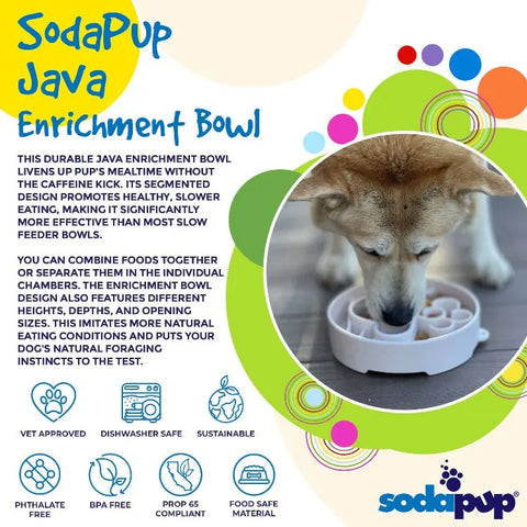 Colorful ad for the SodaPup Java Design EBowl Enrichment Slow Feeder Bowl for Dogs, vet-approved and made from eco-friendly, food-safe materials. Features enrichment benefits, is dishwasher safe, and is shown with a happy dog enjoying their meal.