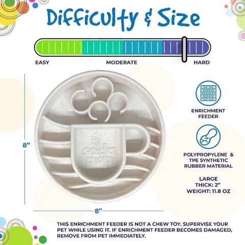 The SodaPup Java Design EBowl Enrichment Slow Feeder Bowl for Dogs is 8x8 inches, features a cup and paw pattern, offers moderate difficulty, is made from polypropylene and TPE, and weighs 11.8 oz.