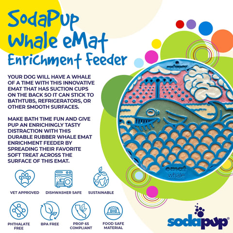 A vibrant promo features the SodaPup Whale Design EMat Enrichment Lick Mat With Suction Cups, spotlighting its vet approval, dishwasher safety, sustainable build, phthalate & BPA-free food-safe material—ideal for your dogs enrichment.