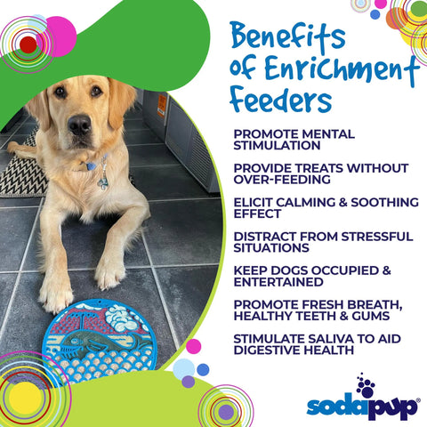 A golden retriever lies on a tiled floor near a blue SodaPup Whale Design EMat Enrichment Lick Mat With Suction Cups. Text lists benefits like mental stimulation and better dental health, with the SodaPup logo at the bottom.