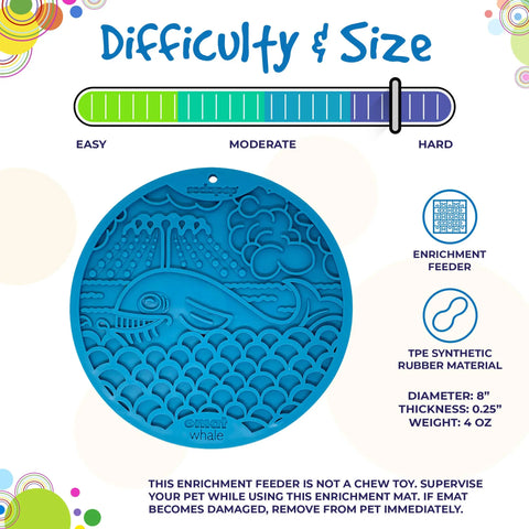 The SodaPup Whale Design EMat Enrichment Lick Mat With Suction Cups is a blue, circular feeder with textured whale patterns for moderate to hard difficulty—perfect for dog bath time. Includes size, material, and safety info.