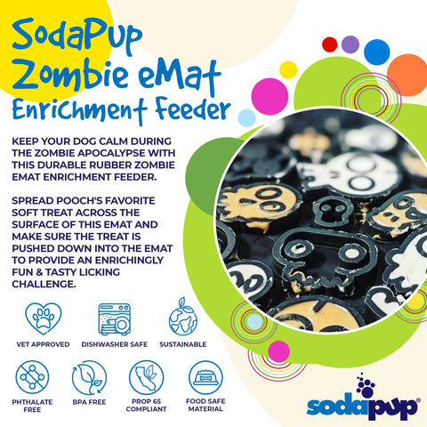 A promo image of the SodaPup Zombie Design Emat Enrichment Lick Mat shows its black and white zombie pattern. Text highlights dog enrichment benefits, while icons indicate its vet-approved, dishwasher safe, and more.