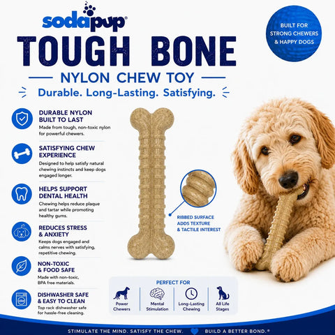 Sodapup Toughbone Durable Nylon Dog Chew Toy 6 Inch Ribbed Texture – Power Chewer Safe | Made in USA SodaPup  Nylon Dog Toys