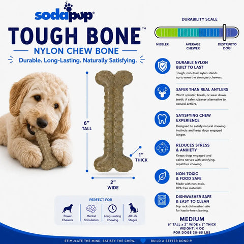 Sodapup Toughbone Durable Nylon Dog Chew Toy 6 Inch Ribbed Texture – Power Chewer Safe | Made in USA SodaPup  Nylon Dog Toys