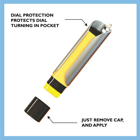 A cylindrical yellow Solid Brass Keychain Holder With Dial Protection by Tallac House is shown with the black cap off, revealing a dial. Text: DIAL PROTECTION PROTECTS DIAL TURNING IN POCKET. Blue border frames the image.