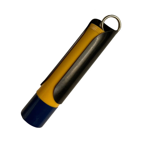 A Tallac House Lip Balm Solid Metal Keychain Holder with dial protection, featuring a yellow and blue lip balm tube, isolated on white. Made in USA.