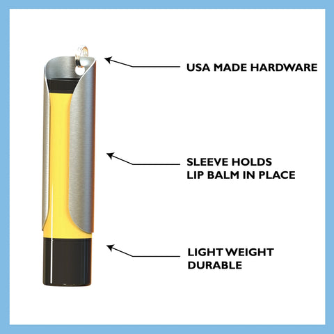A Tallac House Lip Balm Solid Metal Keychain Holder secures a yellow tube, features a dial for protection, and is labeled “Made in USA,” “Sleeve Holds Lip Balm in Place,” and “Lightweight Durable” on white with a blue border.