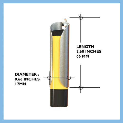 The Tallac House Lip Balm Solid Metal Keychain Keyring Holder with Dial Protection, made in the USA, is a cylindrical yellow and silver accessory (2.6 x 0.66) shown with labeled dimension lines on a blue-bordered background.