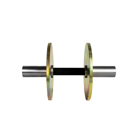 The Weight It Out Solid Steel Loadable Dumbbell Set features two round, gold-finish weight plates on a black handle, all metal construction, shown isolated on a white background.