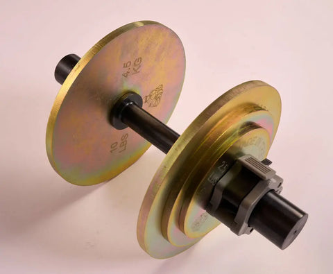 A close-up of a Weight It Out Solid Steel Loadable Dumbbell Set with round, gold-colored weight plates (4.5 KG/10 LBS), black handle, and locking collar displayed on a white background.
