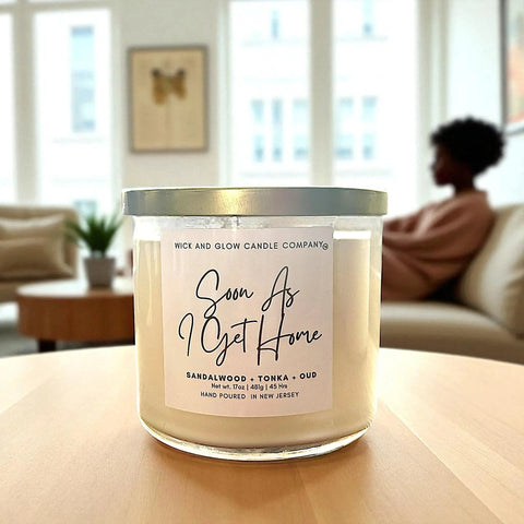 Soon As I Get Home 17 oz Three-Wick Soy Candle – Sandalwood Tonka Oud Luxury Fragrance | Made in USA Wick and Glow Candle Company™  Candles