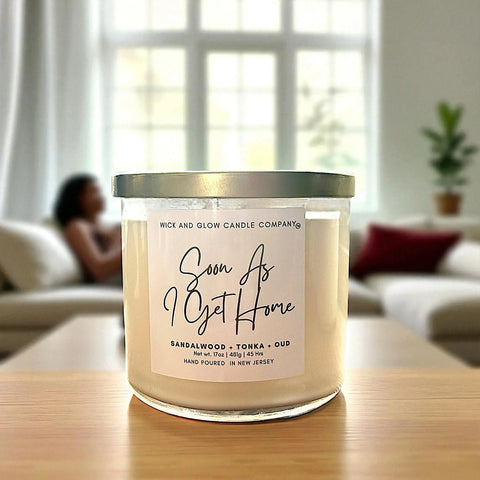 Soon As I Get Home 17 oz Three-Wick Soy Candle – Sandalwood Tonka Oud Luxury Fragrance | Made in USA Wick and Glow Candle Company™  Candles