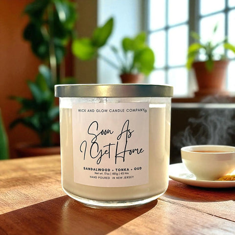 Soon As I Get Home 17 oz Three-Wick Soy Candle – Sandalwood Tonka Oud Luxury Fragrance | Made in USA Wick and Glow Candle Company™  Candles