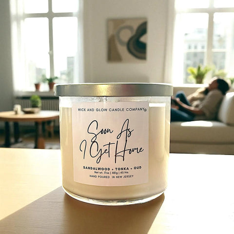 Soon As I Get Home 17 oz Three-Wick Soy Candle – Sandalwood Tonka Oud Luxury Fragrance | Made in USA Wick and Glow Candle Company™  Candles