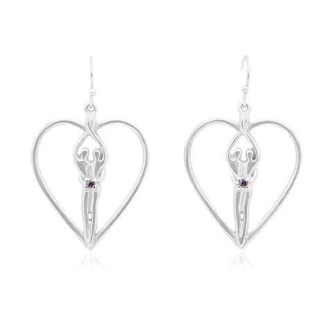 Soulmate Heart Earrings 1 Inch – .925 Sterling Silver, Amethyst CZ Drop | Made in USA Symbol of Love Jewelry