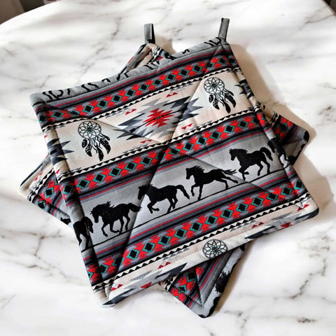 Southwestern Dreamcatcher Horses Pot Holder Set of 2 – 9 Inch Cotton Oven Mitts | Made in USA Frances Farm & Craft  Pot holders