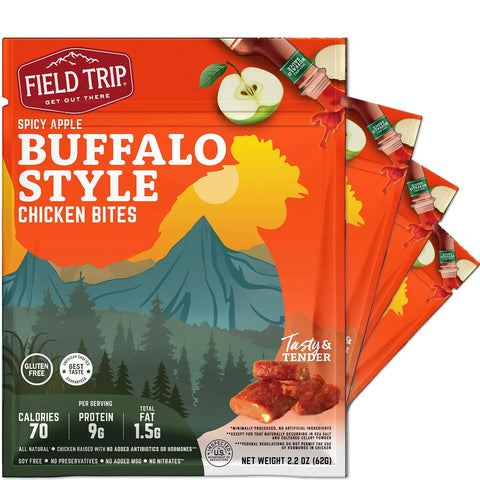 Three packs of Field Trip Buffalo Style Chicken Bites 2.2oz (4ct) are shown in orange packaging with apples, mountains, and chicken bites. They have 70 calories, 9g protein per serving, are gluten free, and made with cage free chicken.