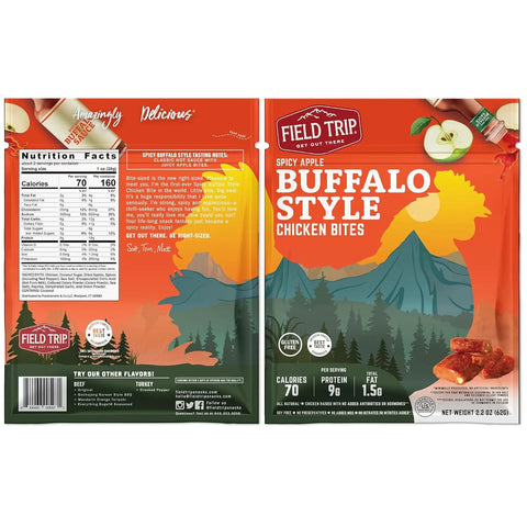 Field Trip Buffalo Style Chicken Bites 2.2oz (4ct) packaging features a mountain scene with trees and sunset colors, nutrition facts, cage free chicken details, and an image of the gluten free bites in the bottom right corner.