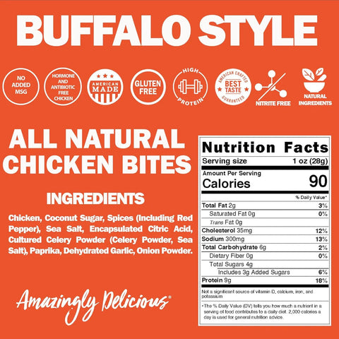 Field Trip Buffalo Style Chicken Bites 2.2oz (4ct) feature an orange and white label with nutrition facts, ingredients like cage free chicken, spices, and sea salt, plus claims: gluten free, high protein, nitrite-free, no added MSG.