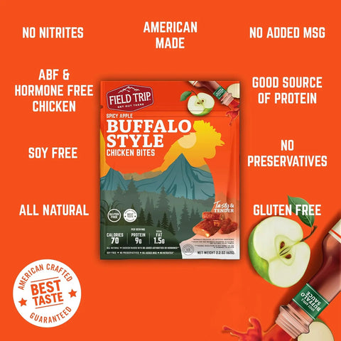 Field Trip Buffalo Style Chicken Bites 2.2oz (4ct) package features mountain landscape art and highlights: cage free chicken, gluten free, all natural, high protein, no nitrites, no MSG, no preservatives, and American made.