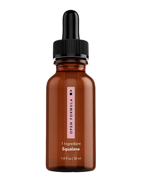 A brown glass dropper bottle labeled Open Formula Squalane, 1.0 fl oz (30 ml), with a black cap—this gentle formula moisturizes skin and protects hair.
