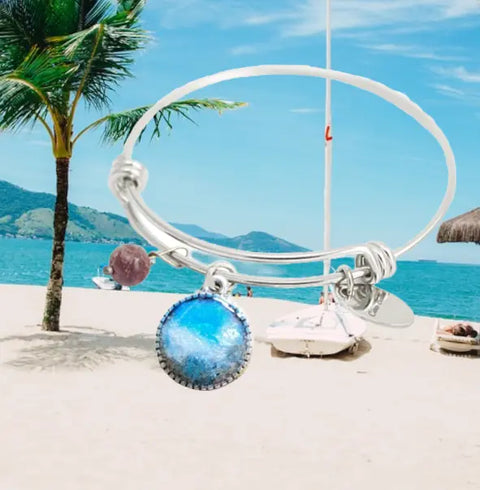 Stainless Steel Beach Sand and Ocean Wave Charm Bangle – 7-8 Inch Wrist | Made in USA Michelle Marie Boutique 