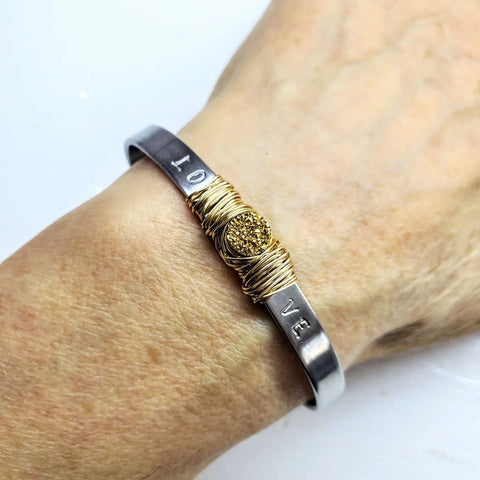 Stainless Steel LOVE Stamped Wire Wrapped Gold Druzy Cuff Alexa Martha Designs  Bracelet