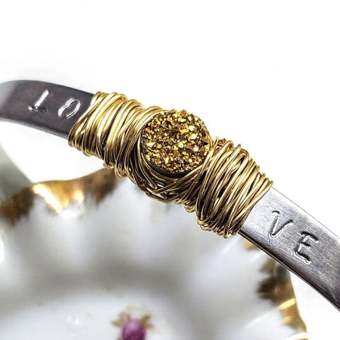 Stainless Steel LOVE Stamped Wire Wrapped Gold Druzy Cuff Alexa Martha Designs  Bracelet
