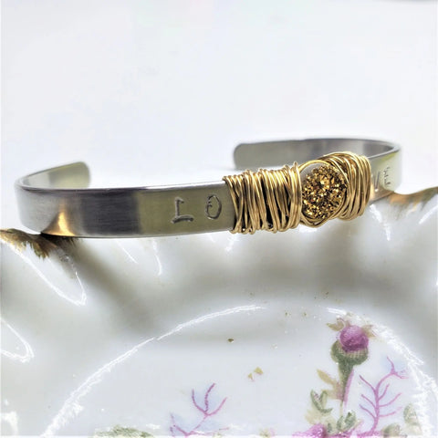 Stainless Steel LOVE Stamped Wire Wrapped Gold Druzy Cuff Alexa Martha Designs  Bracelet