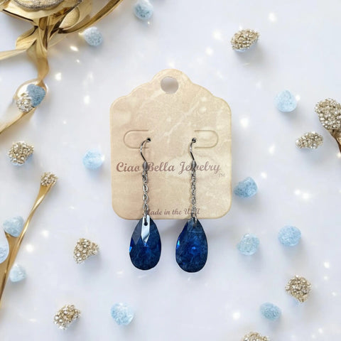 Stainless Steel Teardrop Chain Earrings With Sapphire Emerald Or Crystal Gemstones – Hypoallergenic Drop Jewelry | Made in USA Michelle Marie Boutique  Earrings