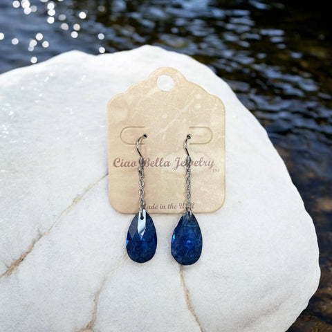 Stainless Steel Teardrop Chain Earrings With Sapphire Emerald Or Crystal Gemstones – Hypoallergenic Drop Jewelry | Made in USA Michelle Marie Boutique  Earrings