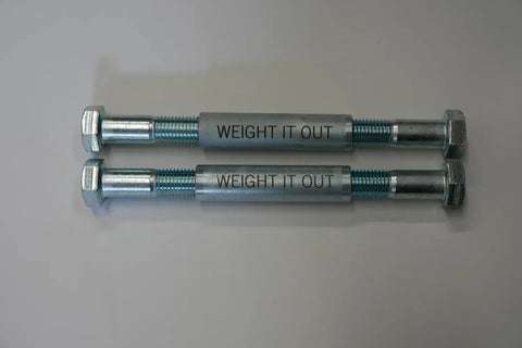 Two Dumbbell Standard 1 Handle Screwable Pairs from Weight It Out lie parallel on a white background. Each metal bolt features a hexagonal head and a central section branded with WEIGHT IT OUT in capital letters.